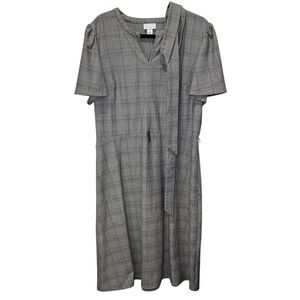 Liz Claiborne Gray Plaid Tie Neck Midi‎ Dress Size 14 Career Casual